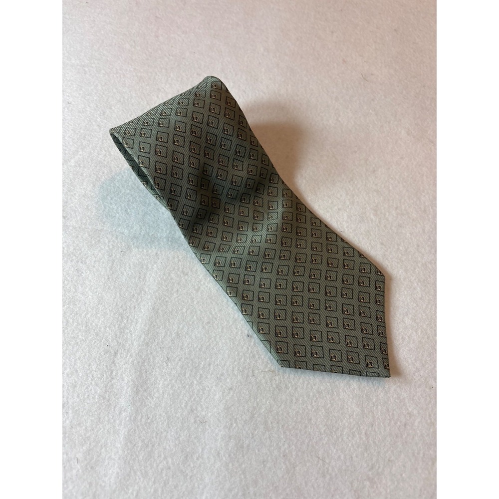 Grahamโ & Lockwood London England Green Geometric Pattern Mens Silk Tie